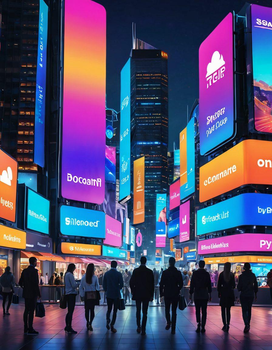 A futuristic city skyline with digital billboards displaying various eCommerce payment methods, including P2P and mobile wallets. In the foreground, a diverse group of people engaged in seamless transactions using their smartphones, showcasing joy and convenience. The scene is illuminated with vibrant tech-inspired colors and holographic interfaces. The skyline reflects innovation and commerce, illustrating the evolution of payments. super-realistic. vibrant colors. 3D.